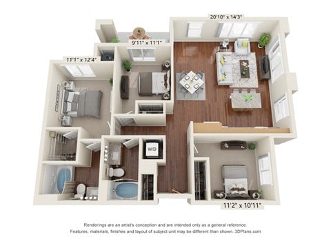 Floor plan for 3 beds, 2 baths, 1149 sqft